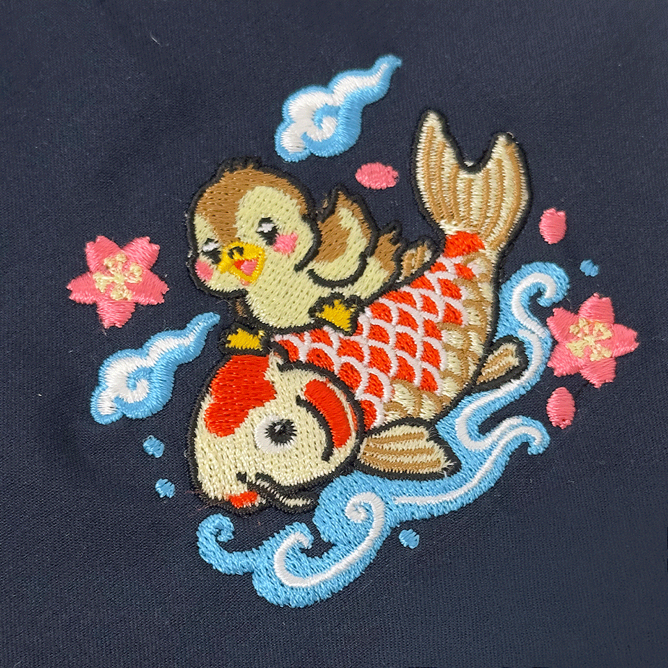 すずめと錦鯉のデザイン刺繍