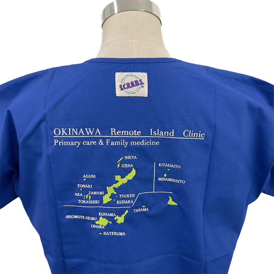 「OKINAWA Remote Island Clinic」のロゴと、沖縄の離島がデザインされた地図刺繍